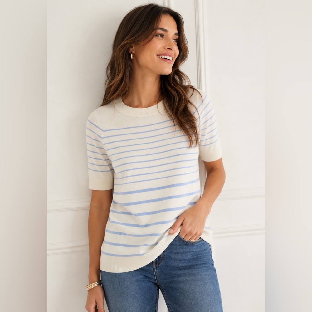 Talbots Blue White Striped Sweater Top Women’s Medium Short Sleeve Knit